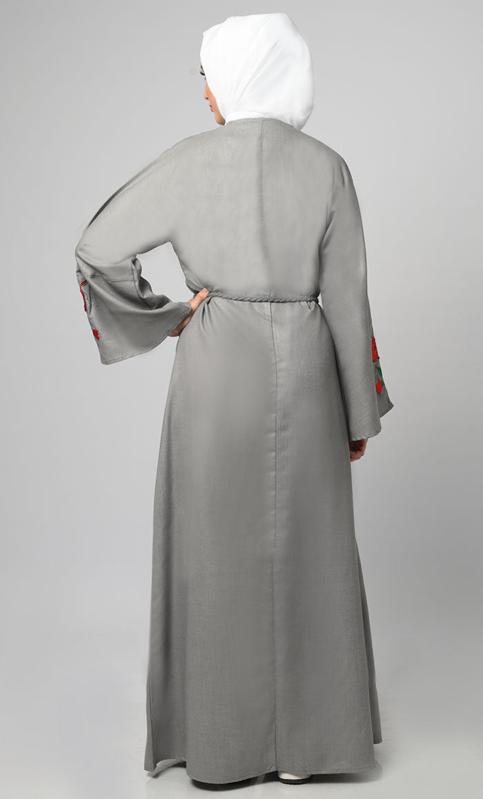 Exclusive Grey Chambrey Embroidered Shrug/Bihst Abaya - EastEssence.com