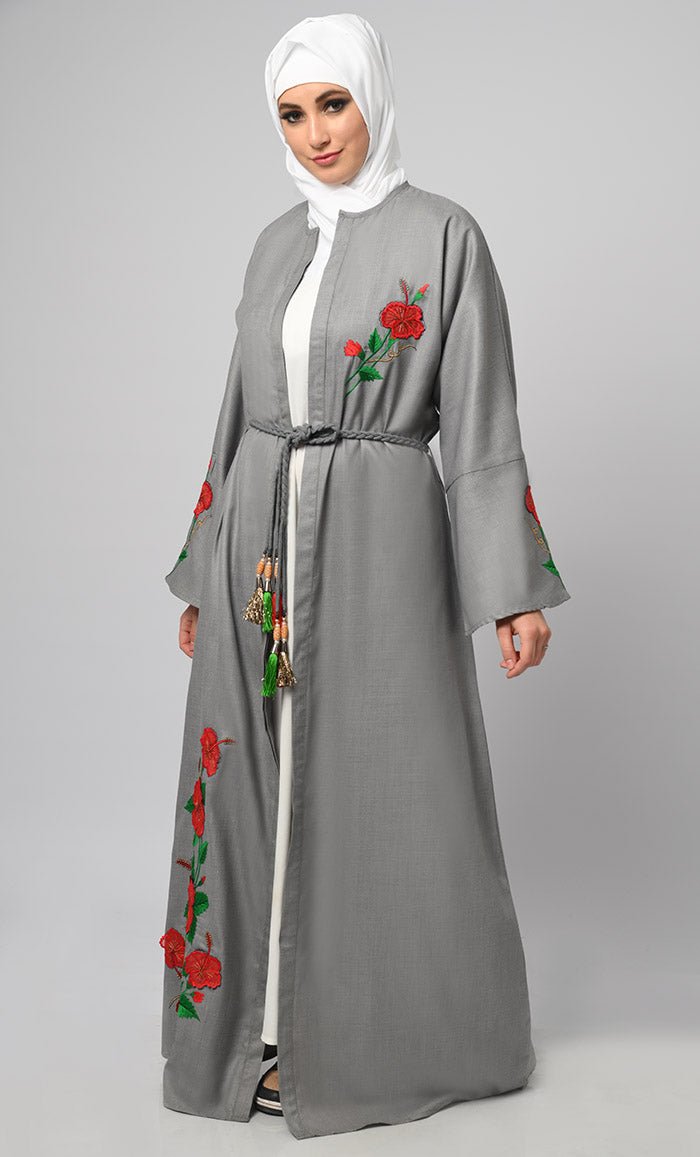Exclusive Grey Chambrey Embroidered Shrug/Bihst Abaya - EastEssence.com