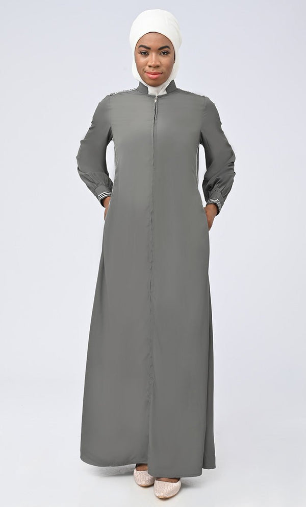 Faizah Modest Islamic Abaya With Side Trims And White Georgette Hijab - EastEssence.com