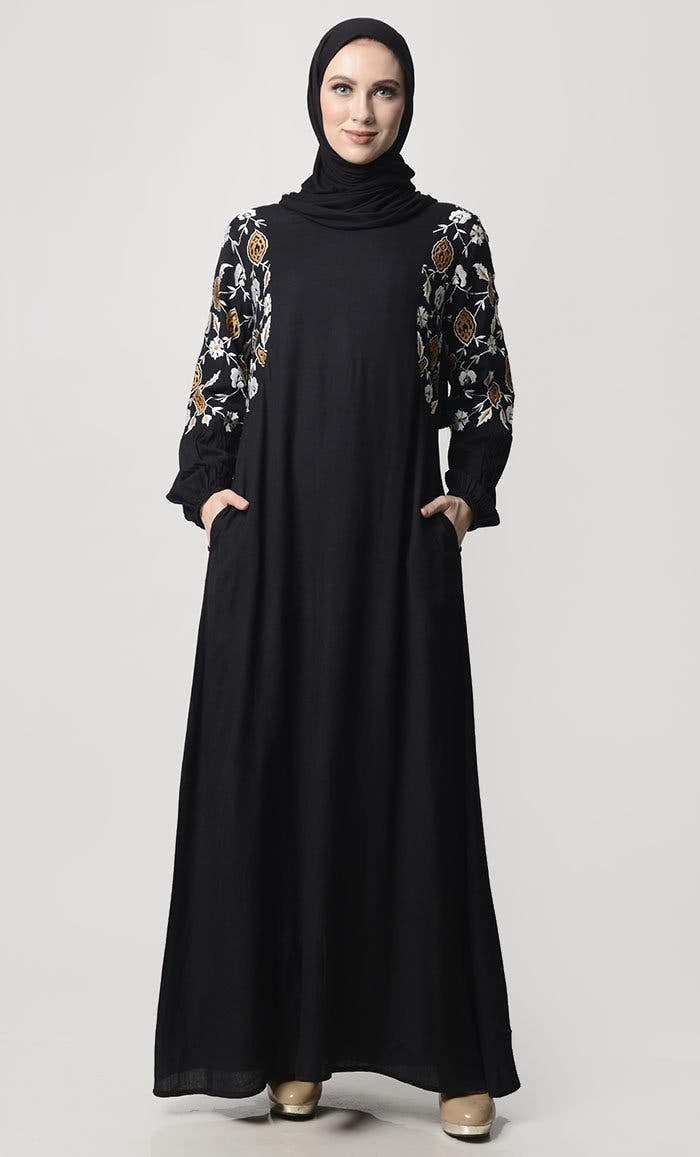 Fall Flower Embroidered Abaya with Pockets