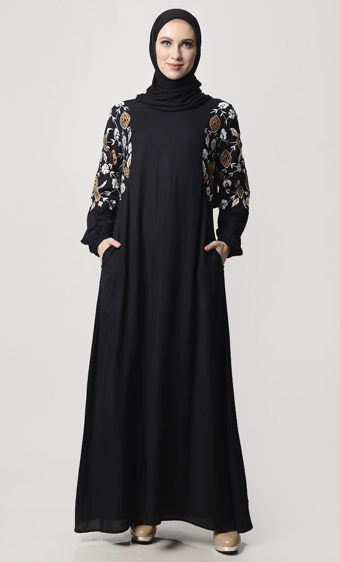 Fall Flower Embroidered Abaya With Pockets - EastEssence.com