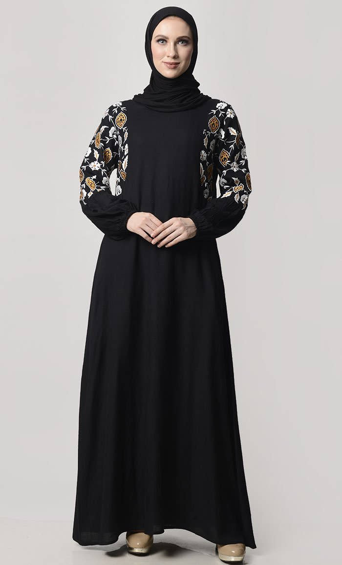 Fall Flower Embroidered Abaya With Pockets - EastEssence.com