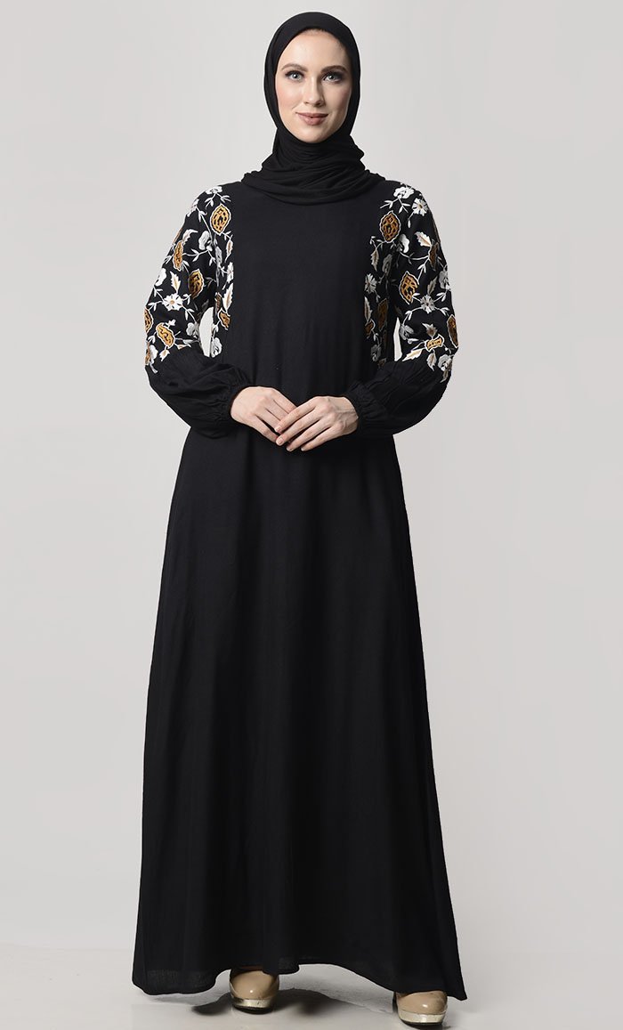 Fall Flower Embroidered Abaya With Pockets - EastEssence.com