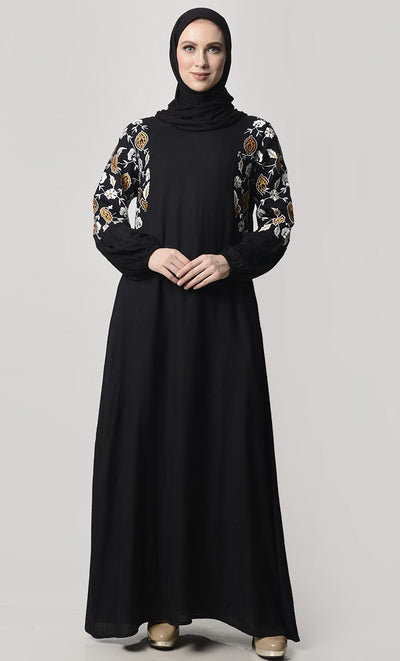 Fall Flower Embroidered Abaya With Pockets - EastEssence.com