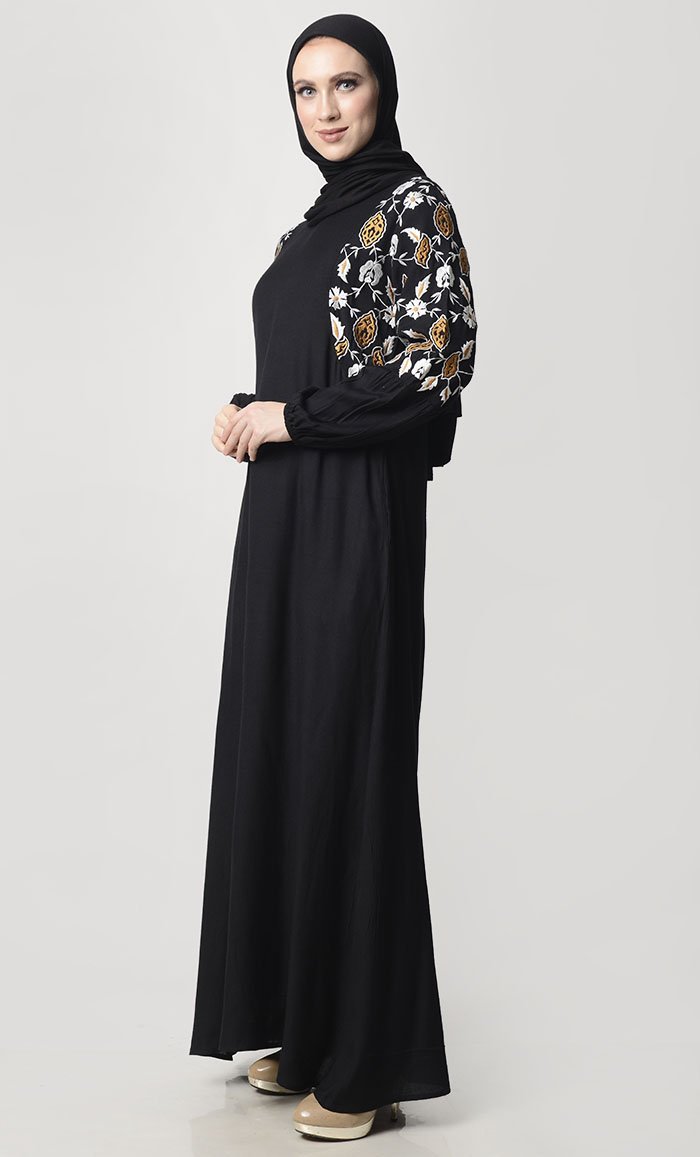 Fall Flower Embroidered Abaya With Pockets - EastEssence.com