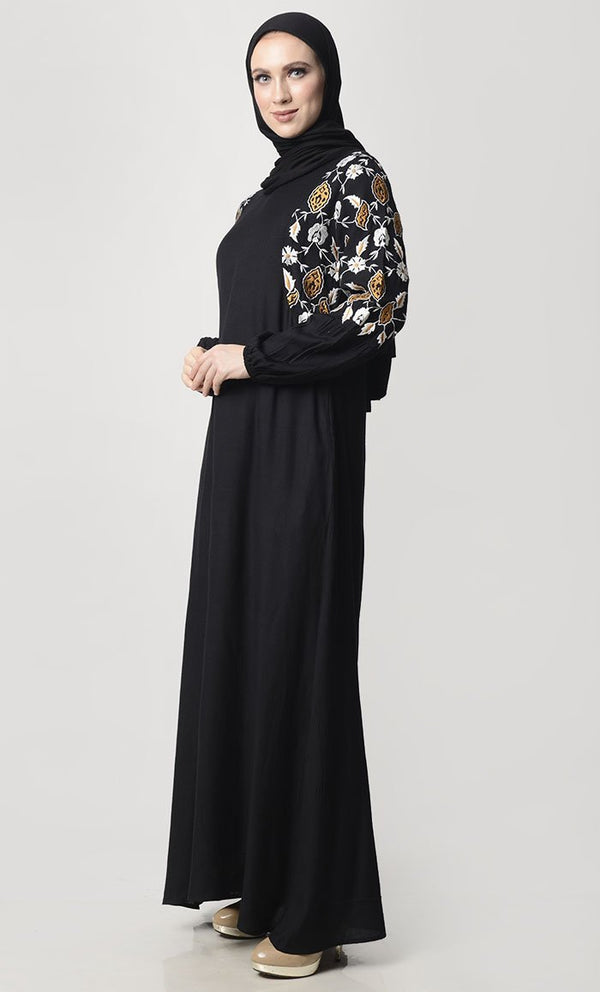 Fall Flower Embroidered Abaya With Pockets - EastEssence.com