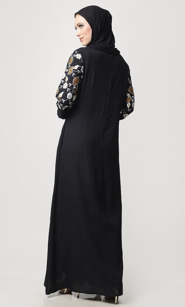 Fall Flower Embroidered Abaya With Pockets - EastEssence.com