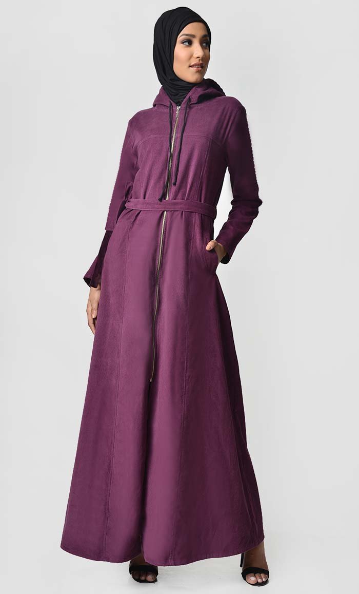 Fall Front-Zip Corduroy Abaya