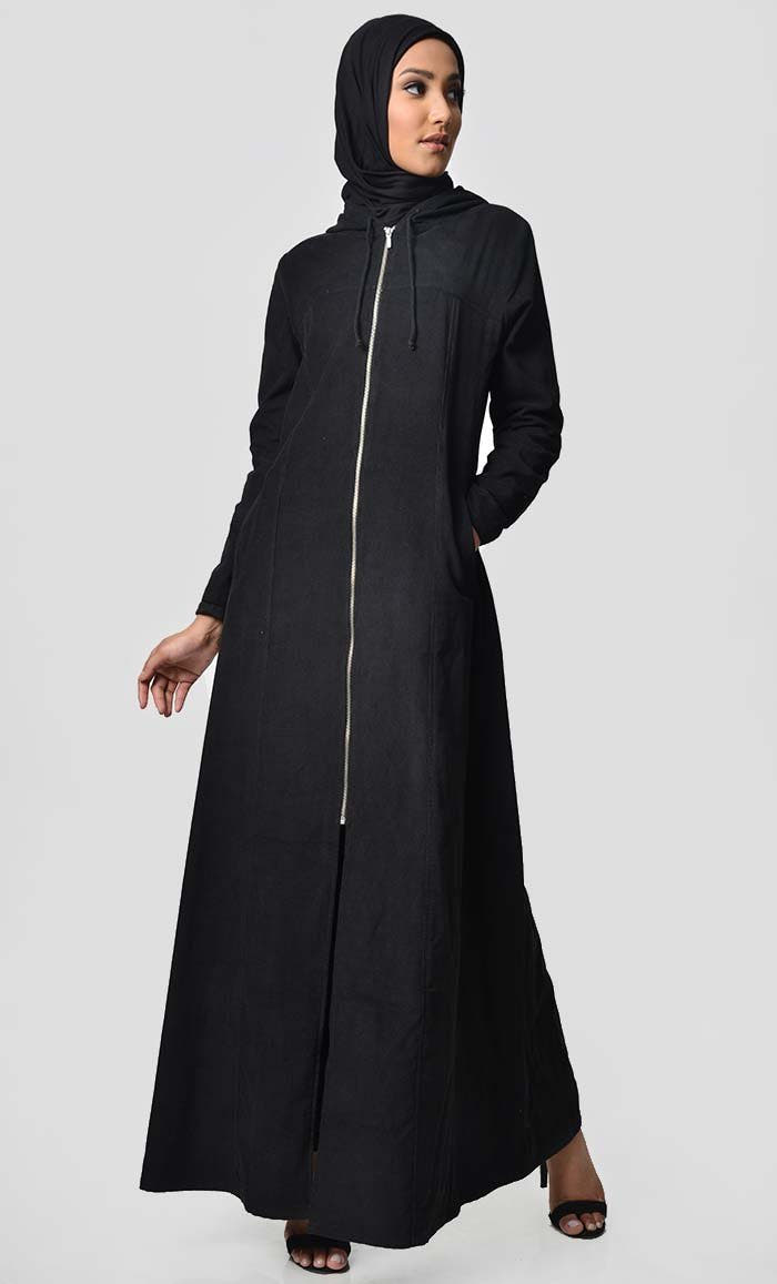 Abaya d'automne en velours côtelé à fermeture éclair frontale