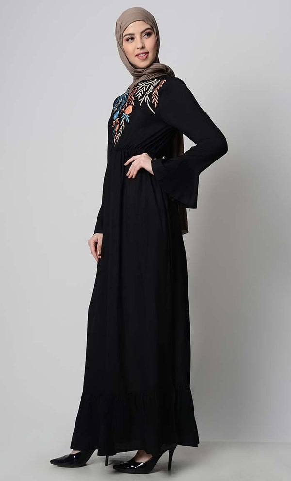 Falling Veil Embroidered abaya dress-Black - EastEssence.com