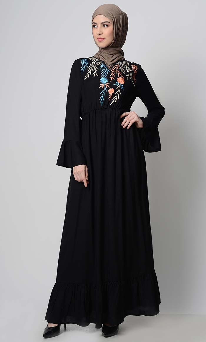 Falling Veil Embroidered abaya dress-Black - EastEssence.com