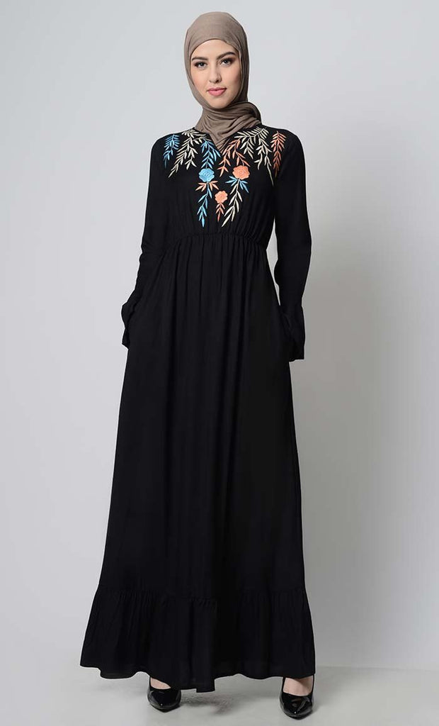 Falling Veil Embroidered abaya dress-Black - EastEssence.com
