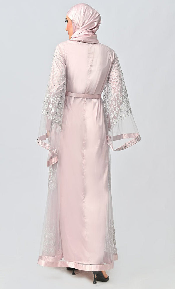 Fancy All Over Aari And Hand Work Embellished Abaya Designer Dress With Matching Hijab And Inner - EastEssence.com