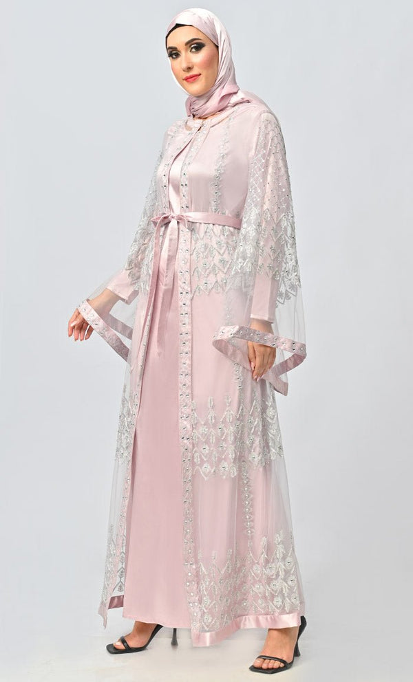 Fancy All Over Aari And Hand Work Embellished Abaya Designer Dress With Matching Hijab And Inner - EastEssence.com