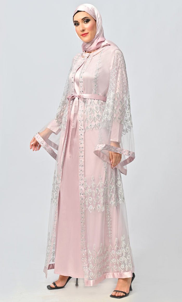 Fancy All Over Aari And Hand Work Embellished Abaya Designer Dress With Matching Hijab And Inner - EastEssence.com