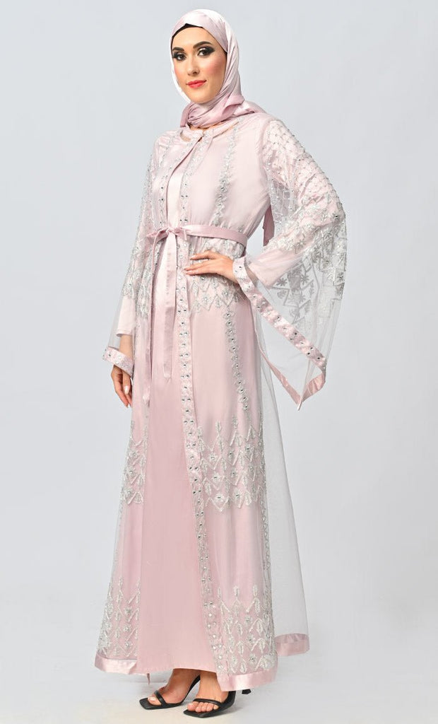 Fancy All Over Aari And Hand Work Embellished Abaya Designer Dress With Matching Hijab And Inner - EastEssence.com
