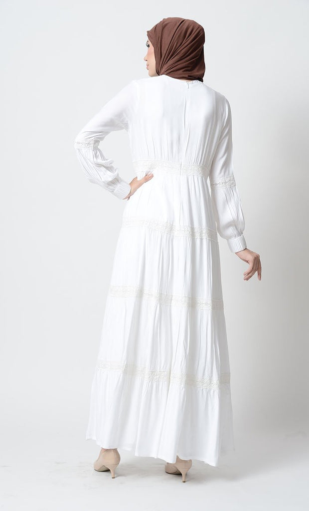 Fancy laced tiered Rayon Abaya Dress-White - EastEssence.com