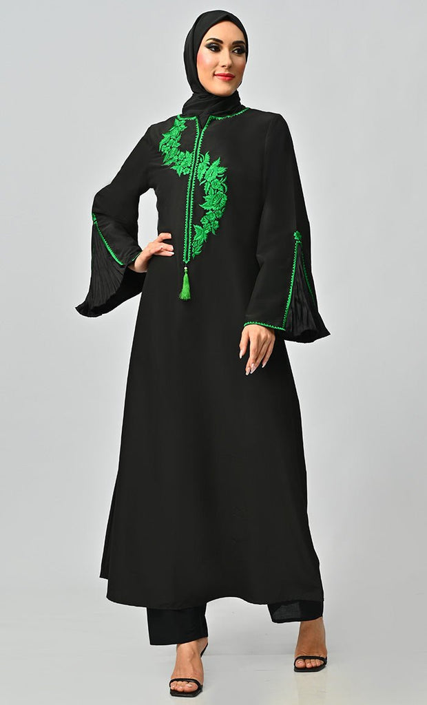 Fara Green Islamic Embroidered Abaya With Front Tassel And Bell Sleeves - EastEssence.com