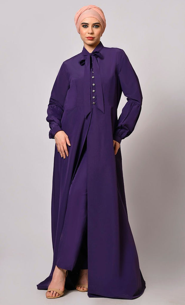Fashion Fusion: Purple Front Slit Abaya and Pant Set - EastEssence.com