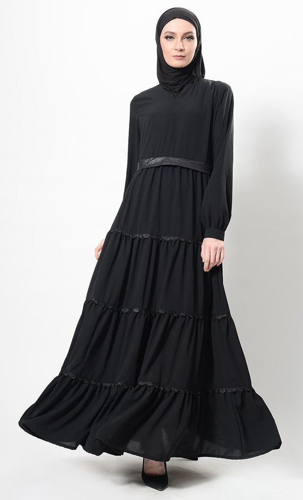 Faux Leather And Lace Work Multi Tiered Abaya Dress And Hijab Set - EastEssence.com