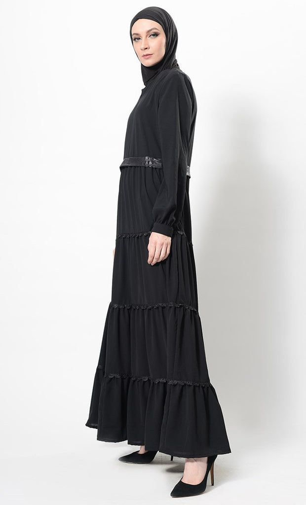 Faux Leather And Lace Work Multi Tiered Abaya Dress And Hijab Set - EastEssence.com