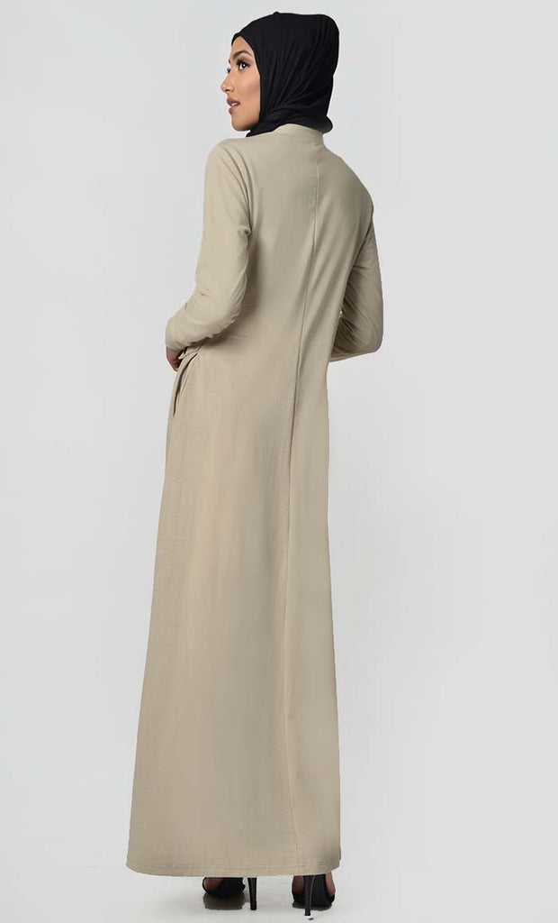 Faux Leather Front Detail Jersey Abaya-Sand - EastEssence.com