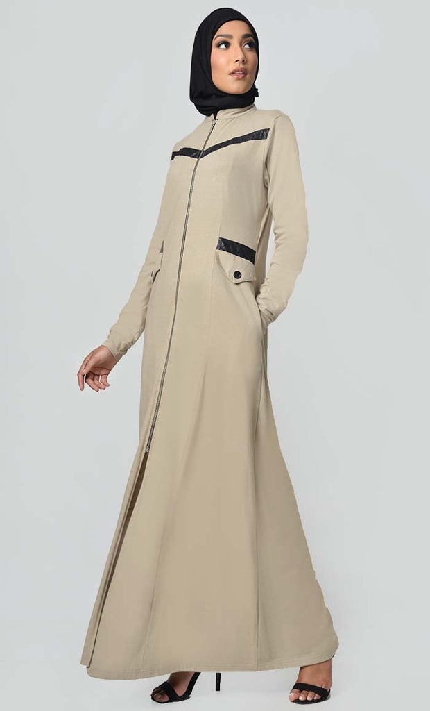 Faux Leather Front Detail Jersey Abaya-Sand - EastEssence.com