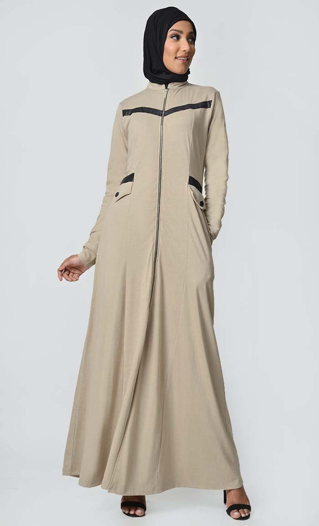 Faux Leather Front Detail Jersey Abaya-Sand - EastEssence.com