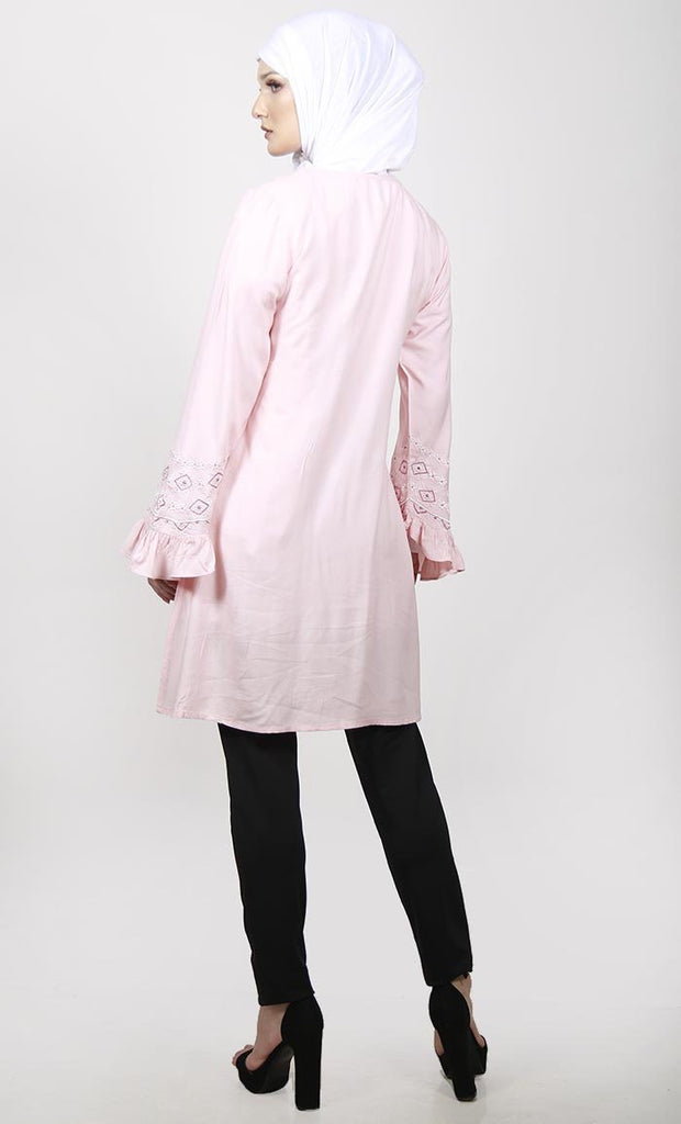 Feminine Pink Embroidered Tunic With Ruffled Sleeves - EastEssence.com