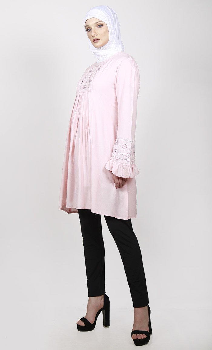 Feminine Pink Embroidered Tunic With Ruffled Sleeves - EastEssence.com
