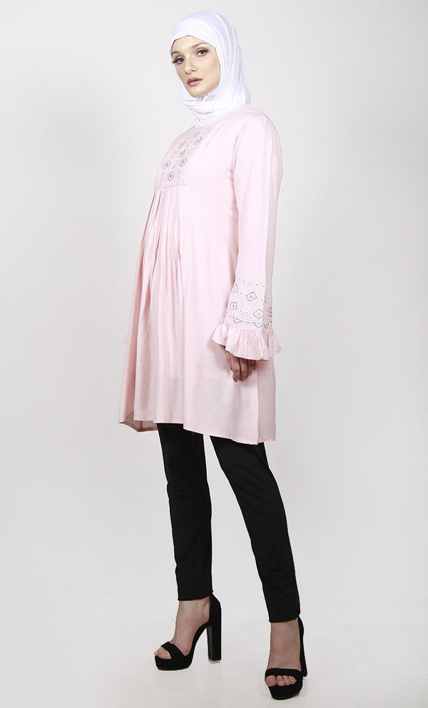 Feminine Pink Embroidered Tunic With Ruffled Sleeves - EastEssence.com