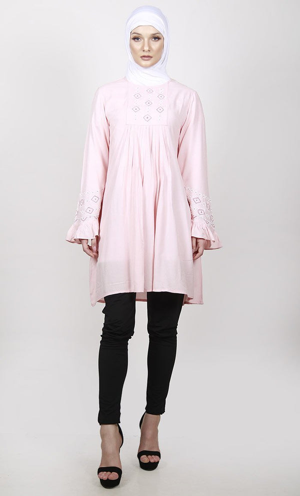 Feminine Pink Embroidered Tunic With Ruffled Sleeves - EastEssence.com