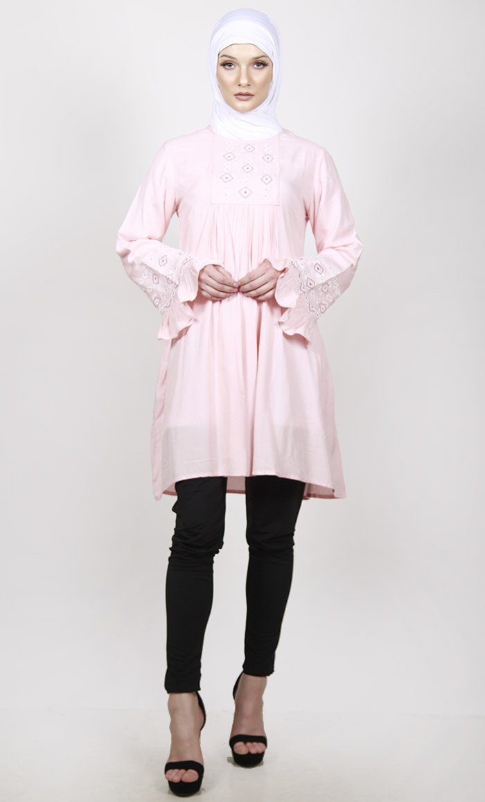 Feminine Pink Embroidered Tunic With Ruffled Sleeves - EastEssence.com