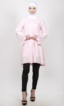 Feminine Pink Embroidered Tunic With Ruffled Sleeves - EastEssence.com