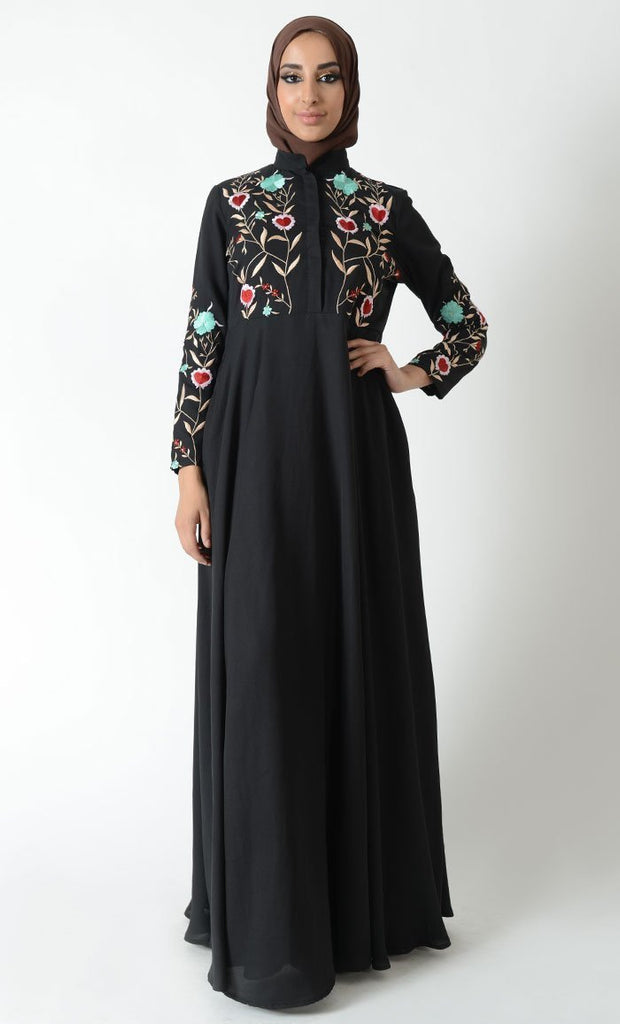 Floral and heart embroidered traditional abaya dress - EastEssence.com