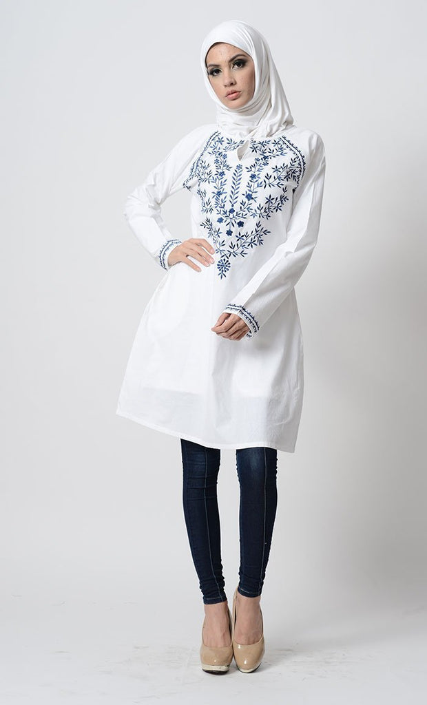 Floral Embroidered A Line Tunic - EastEssence.com