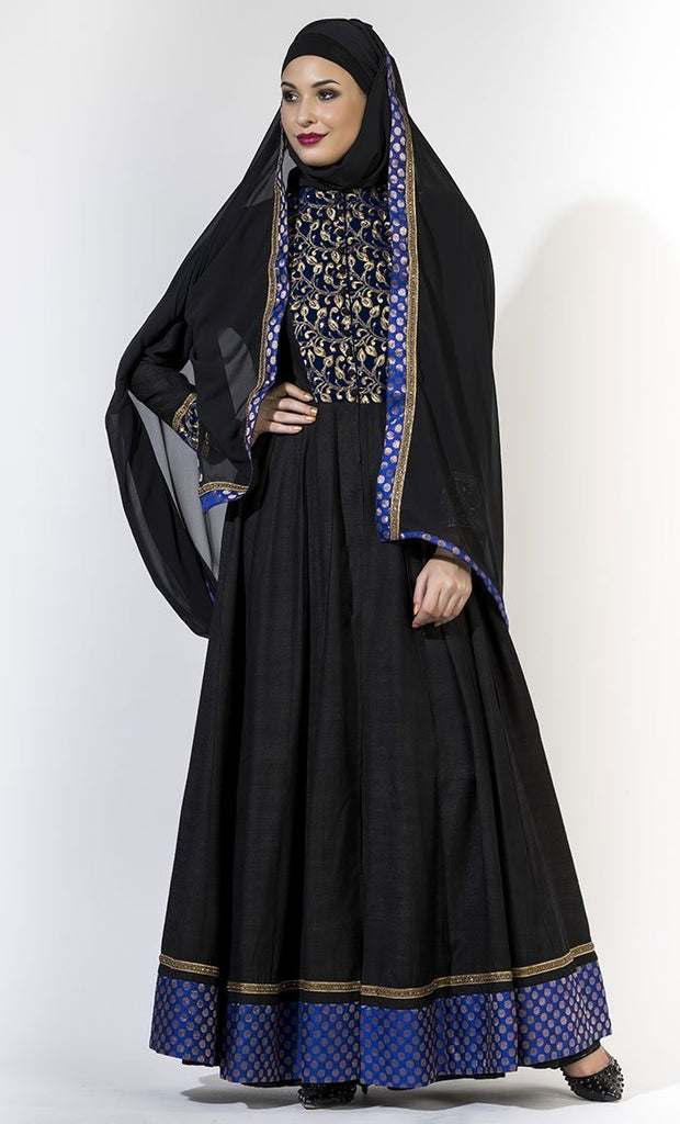 Floral embroidered anarkali abaya dress, palazzo pants and hijab set - EastEssence.com