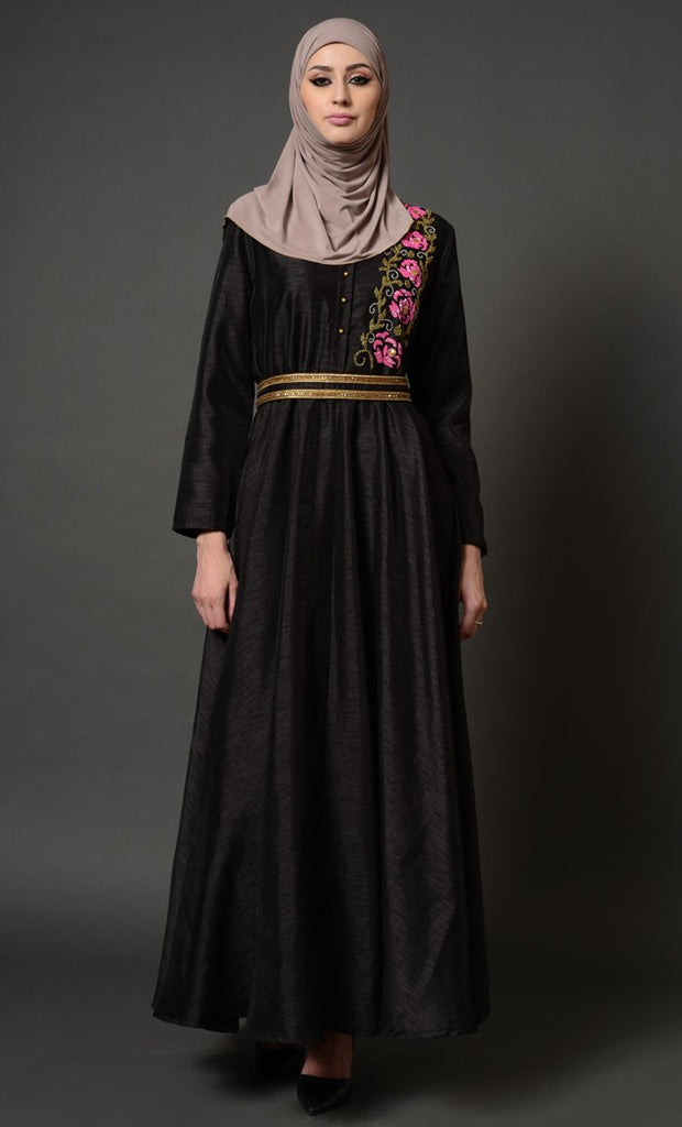 Floral Embroidered And Gold Lace Waistband Abaya Dress - EastEssence.com