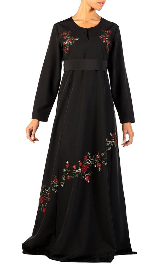 Floral embroidered and lace panel flared abaya dress - EastEssence.com