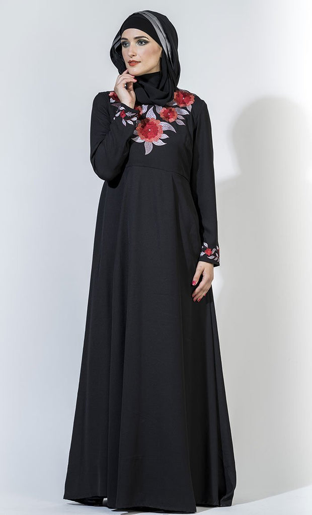 Floral Embroidered Flared Muslimah Abaya Dress - EastEssence.com