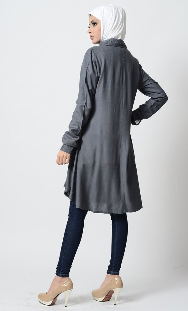 Floral Embroidered High Low Shirt Style Tunic - EastEssence.com