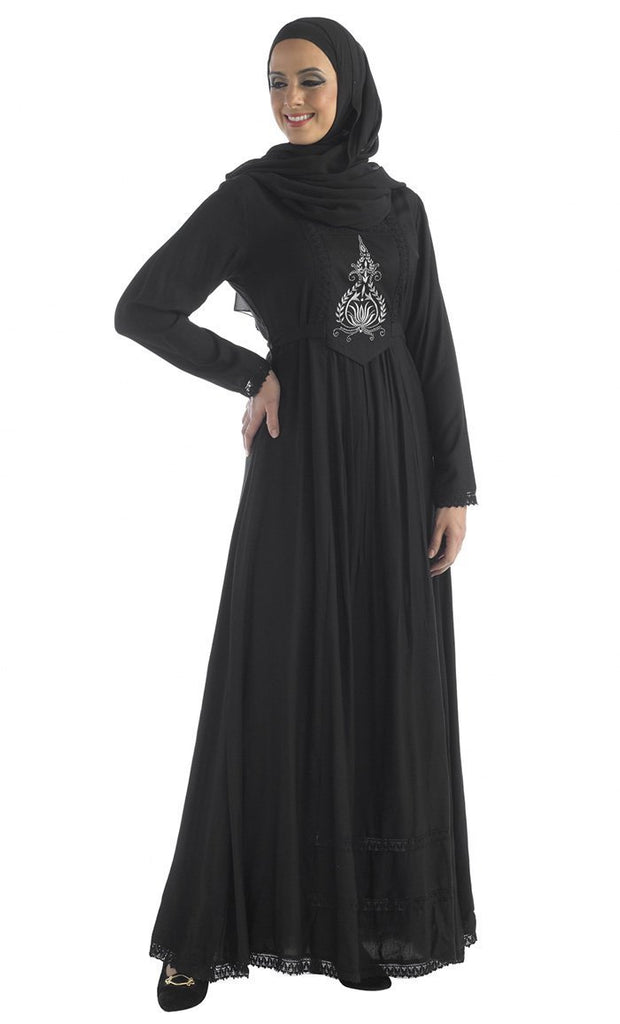 Floral embroidered motif and laced trims abaya dress - EastEssence.com
