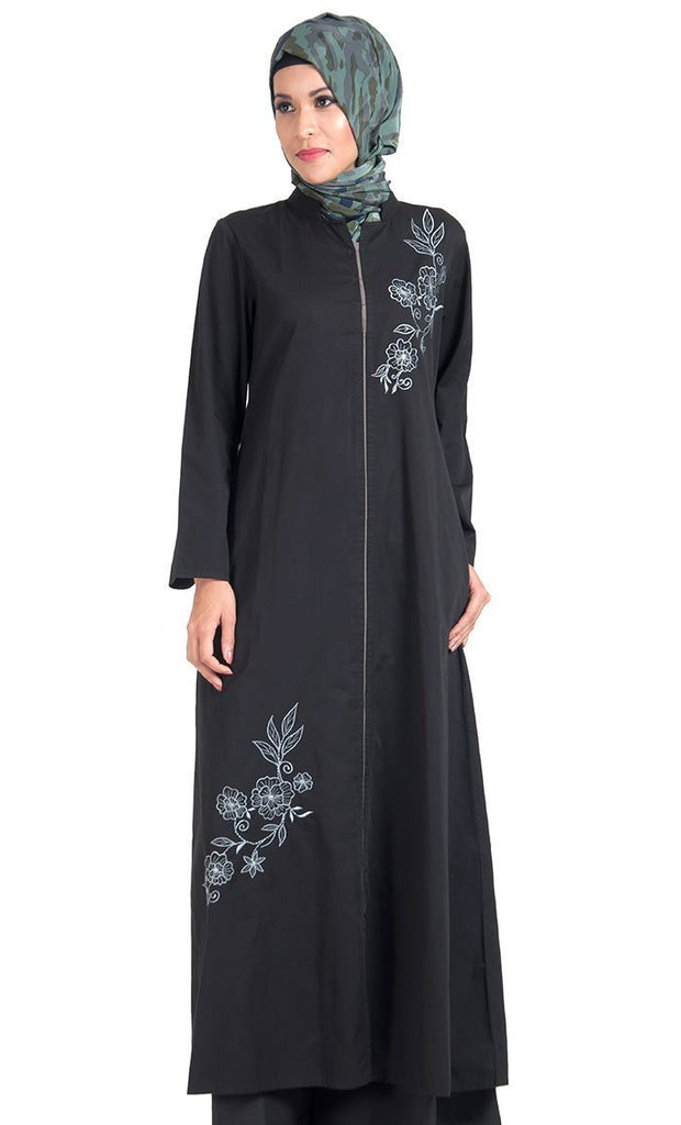 Floral Embroidered Motifs Front Zipper Tunic - EastEssence.com