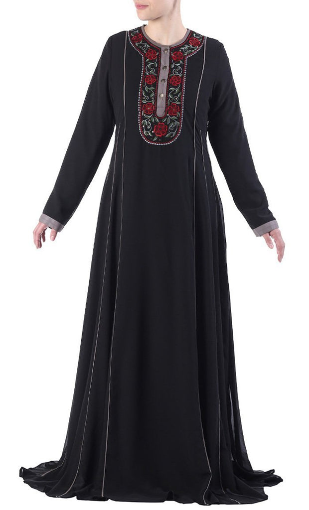 Floral embroidered neckline and sequins buttoned flared abaya dress - EastEssence.com