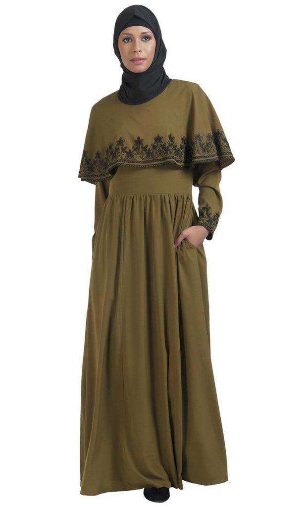 Floral embroidered short cape detail pleated abaya dress - EastEssence.com