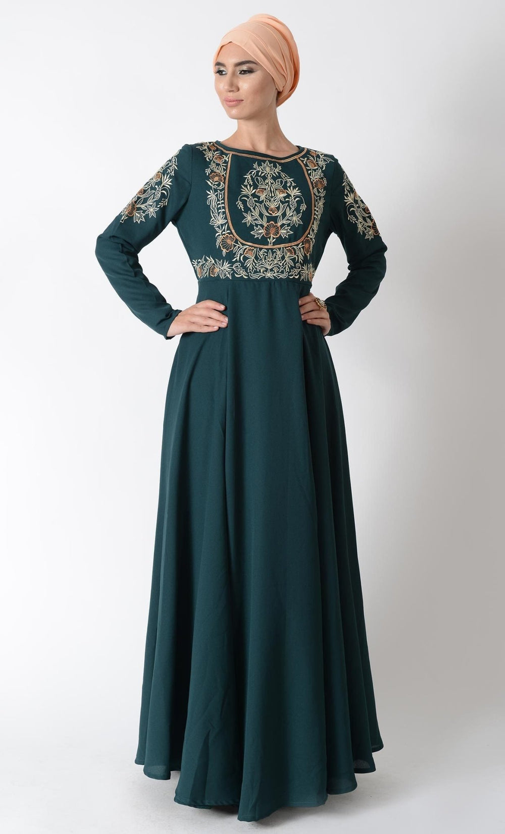 Floral embroidered tradtitional abaya dress and hijab set - EastEssence.com