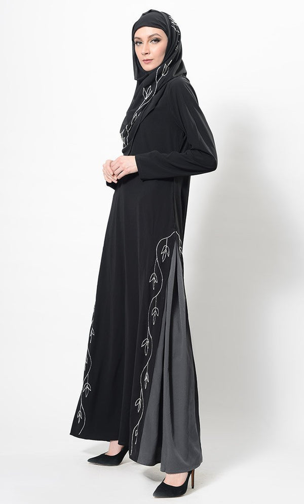 Floral Embroidered Two Tone Abaya Dress And Hijab Set - EastEssence.com