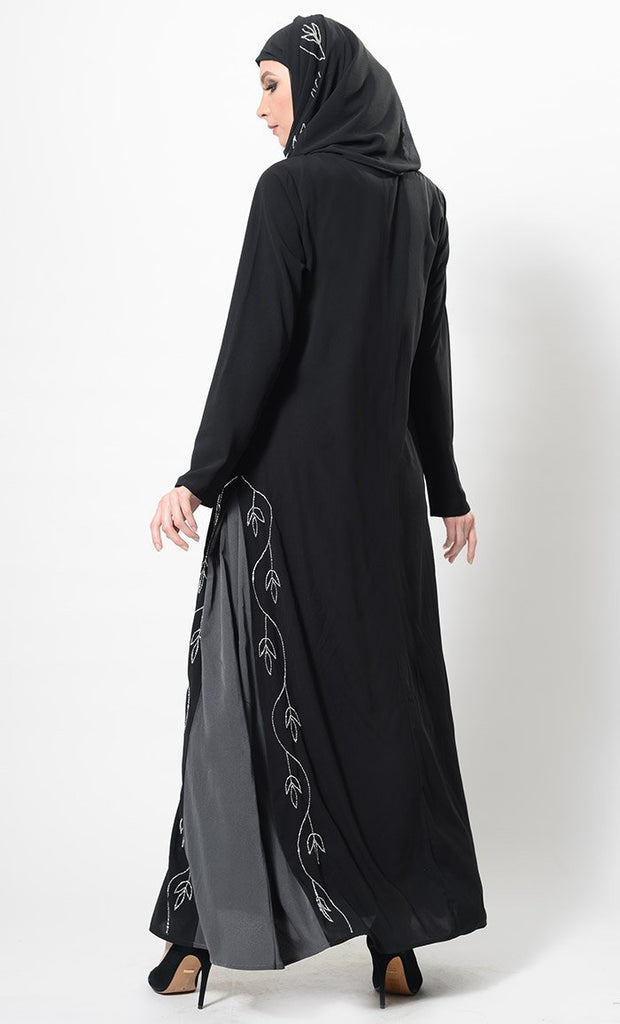 Floral Embroidered Two Tone Abaya Dress And Hijab Set - EastEssence.com