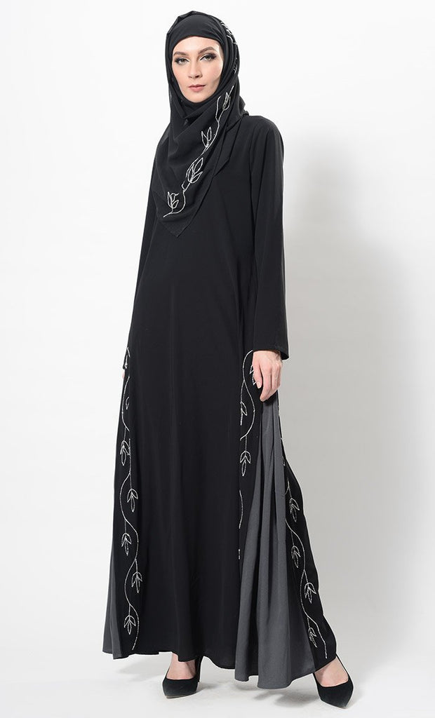 Floral Embroidered Two Tone Abaya Dress And Hijab Set - EastEssence.com