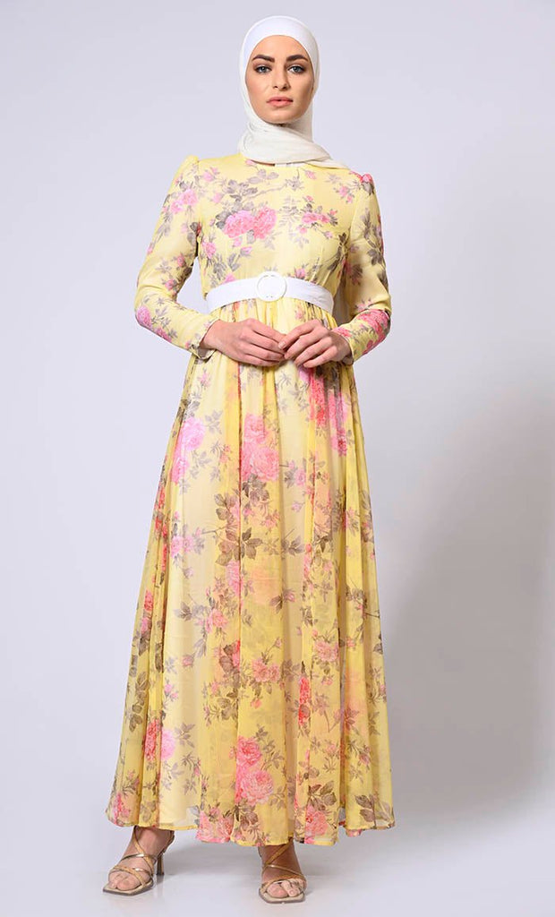 Floral Finesse: Printed Flared Abaya with Belt and Hijab - EastEssence.com